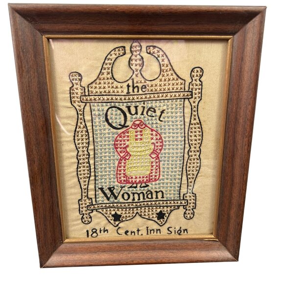 VTG Cross Stitch The Quiet Woman Wood Frame 12x10 Art 18th Cent. Inn Sign - Picture 1 of 10